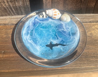 3D Shark 4" Inch Glass Ocean Trinket Jewelry Dish, Transparent Black Film Sea Life Ocean Jewelry Tray, Sea Shell Ring Dish