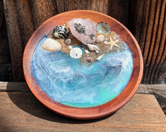 Rose Quartz and Silver Mermaid Rhinestone 5” Inch Teak Wood Trinket Dish, Ocean Beach Mermaid Jewelry Dish, Rose Quartz Trinket Dish