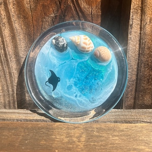 3D Manta Sting Ray 4" Inch Glass Ocean Trinket Jewelry Dish, Transparent Black Film Sea Life Ocean Jewelry Tray, Sea Shell Ring Dish