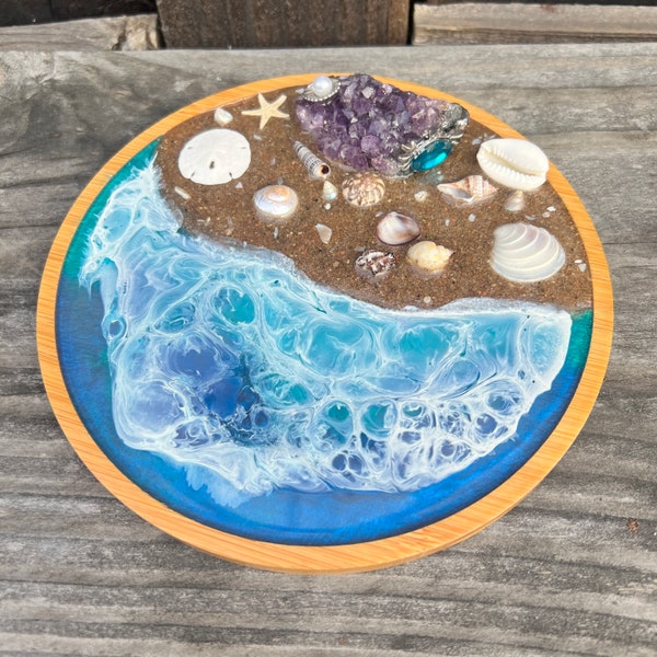 Amethyst Druzy Gemstone and Silver Sea Shell & Blue Jeweled Crab Charm 6” Inch Bamboo Wood Tray