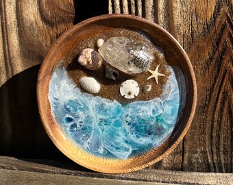 Silver Sea Turtle and Crystal Quartz Gemstone Ring Trinket Dish, Ocean Waves Sea Turtle Acacia Wood 5" Inch Trinket Dish