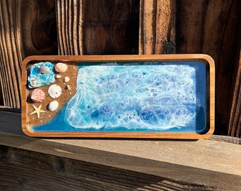 Aquamarine Crystal Raw Gemstone and Jeweled Sea Turtle Charm 4.85” Inch Acacia Wood Trinket Dish Ocean Beach Waves Honu Ring Dish
