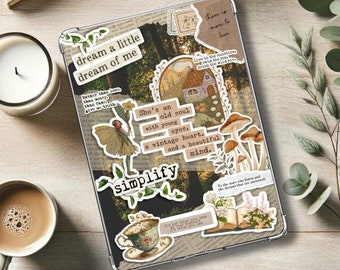 May include: A clear phone case with various stickers, including a fairy, a house, mushrooms, and text that reads "dream a little dream of me", "She's an old soul with young eyes, a vintage heart, and a beautiful mind", "simplify", and "There is more to love".