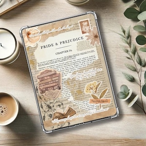 May include: A clear phone case with a collage of vintage book pages, floral illustrations, and text that reads "Pride & Prejudice, Chapter 34". The case has a brown and white color scheme.