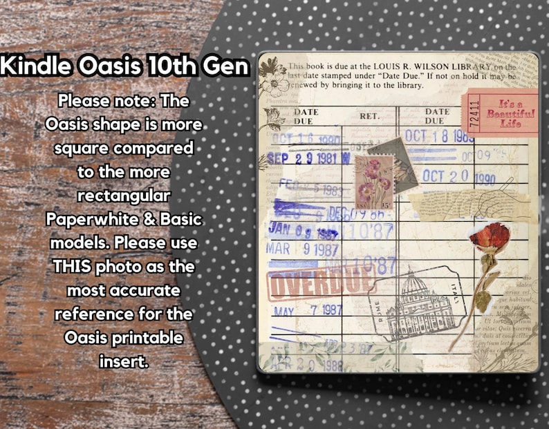 May include: Close-up of a Kindle Oasis 10th generation e-reader. The text reads "Please note: The Oasis shape is more square compared to the more rectangular Paperwhite & Basic models. Please use THIS photo as the most accurate reference for the Oasis printable insert."