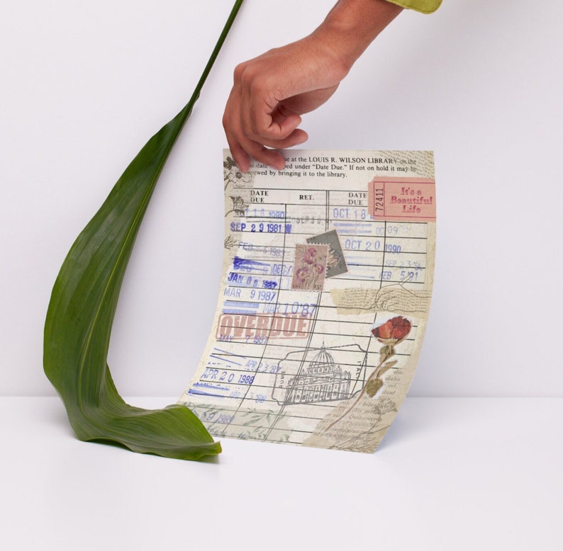 May include: A vintage library card with a red stamp that says "Overdue" and a sticker that says "It's a Beautiful Life". The card has dates and numbers printed on it, and there are several other stickers and stamps on the card.