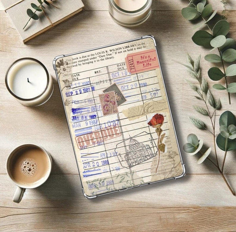 May include: A vintage library card with a faded, brown background and a grid of dates and due dates. The card has a blue stamp that says "Overdue" and a sticker that says "It's a Beautiful Life".