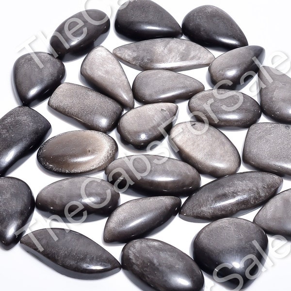 AAA+ Top Quality of Natural Silver Sheen Obsidian Cabochon Loose Gemstone for Making Jewelry, 20mm to40 mm Size Flatback, Handmade Mix Lot