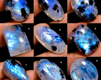 Top Quality Natural Rainbow Moonstone with visible black Tourmaline, Blue Fire White Moonstone Cabochon, Oval Cabochon, Moonstone Tourmaline