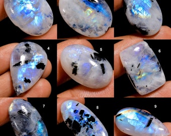 Top Quality Natural Rainbow Moonstone with visible black Tourmaline, Blue Fire White Moonstone Cabochon, Gift for Her, Moonstone Tourmaline