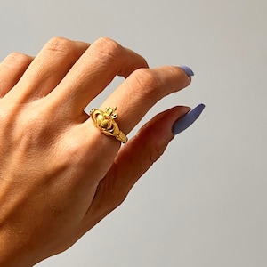 Gold Claddagh Ring, Heart and Hands Ring, Irish Wedding Ring, Dainty Claddagh Ring, Irish Ring with Mini Cross, Gold Plated Jewelry, Z371 go