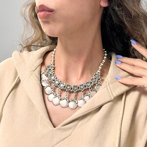 Silver Disc Necklace, Disc Medallion Necklace, Dainty Ethnic Necklace, Ball Chain Coin Pendant, Everyday Necklace, Nice Christmas Gift