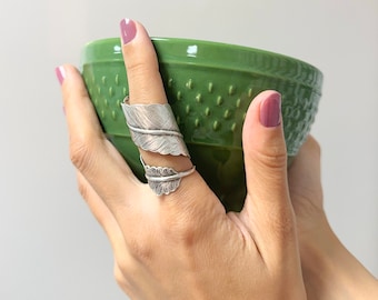 Silver Feather Ring, Handmade Unisex Feather Ring, Adjustable Silver Ring, Silver Wrap Ring, Bird Feather Ring, Men Gift, Feather Jewelry