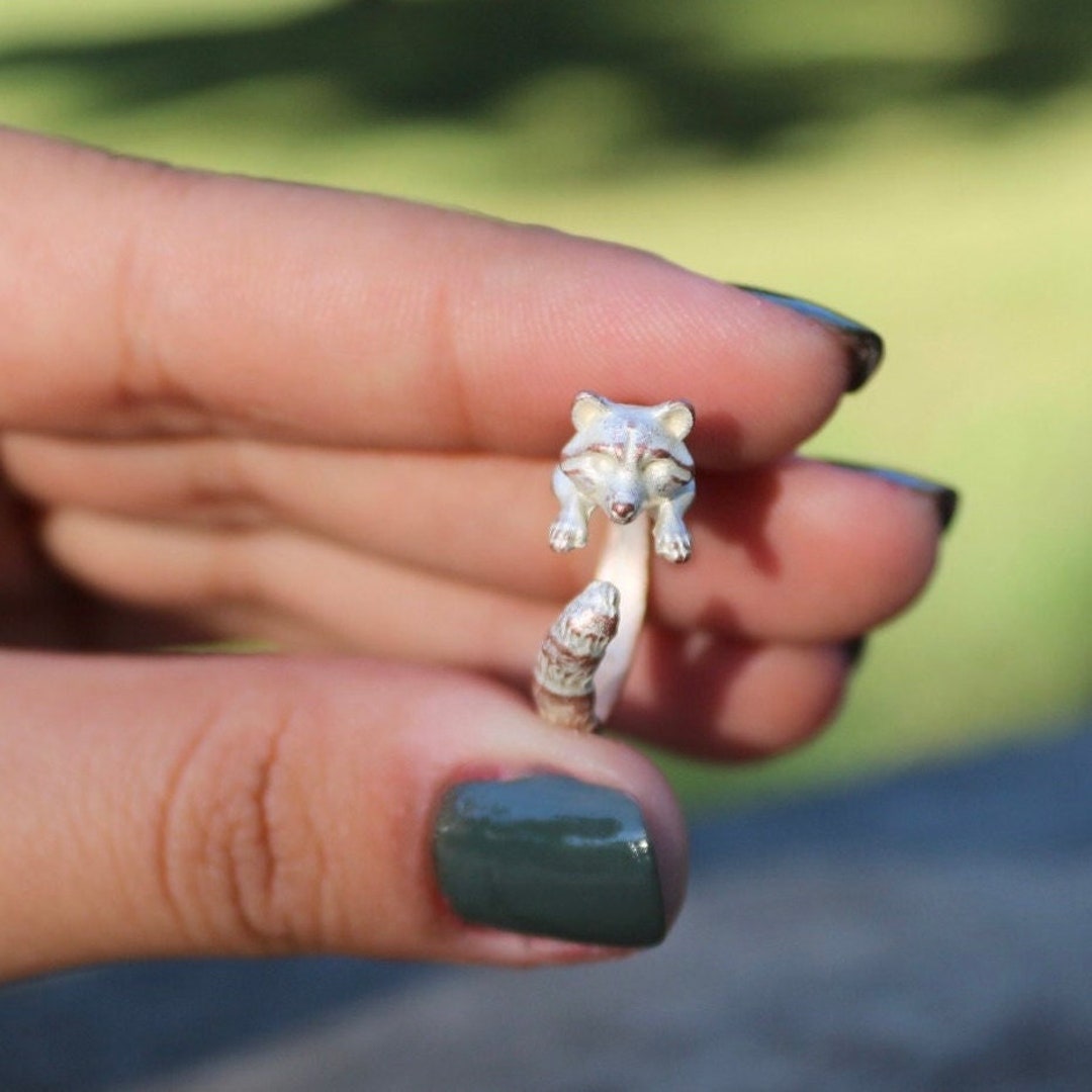 Raccoon Ring, Animal Wrap Ring, Raccoon Head Ring, Tiny Open Ring ...