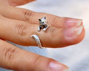 Fox Face Ring, Adjustable Silver Ring, Squiggle Ring, Boho Ring, Nature Ring, Wrapped Ring, Animal Face Ring, Christmas gift, 1 Pcs, Z358