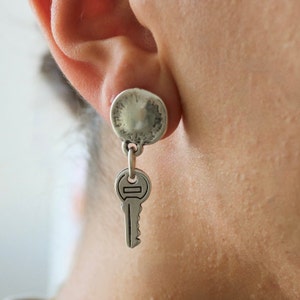 Key Earrings, Minimalist Earring, Key of Life Earring, Simple Earrings Everyday, Key Hoop Earring, Silver Tone Hoop Earrings, Gift for Her,
