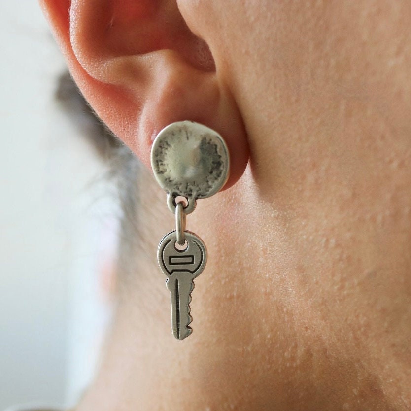 Key Earrings Minimalist Earring Key of Life Earring Simple Earrings Everyday Key Hoop Earring Silver Tone Hoop Earrings Gift for Her Etsy