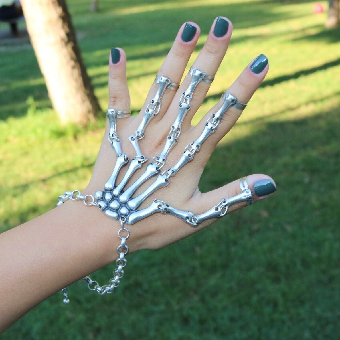 Skeleton Hand Ringing Bell Antique Silver Gothic Hand Chain, Skeleton All Bone Hand Ring Bracelet ...