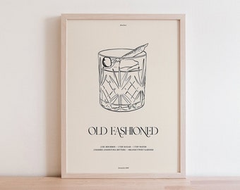 May include: A black and white line drawing of an Old Fashioned cocktail in a rocks glass with a cherry and orange peel garnish. The text "Old Fashioned" is below the image with the ingredients listed.