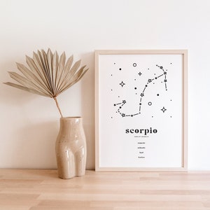 Skorpion Wydrukowana Ścienna Sztuka, Wydruk Astrologiczny, Wydruk Konstelacji, Sztuka Znaku Zodiaku, Prezent Znaku Gwiazdy, Neutralna Dekoracja Ścienna, Neutralny Wystrój Boho