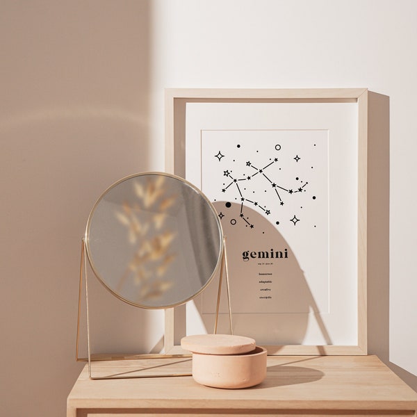 Gemini Printable Wall Art, Astrology Print, Constellation Print, Zodiac Sign Art, Star Sign Gift, Neutral Wall Decor, Neutral Boho Decor