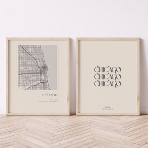 Chicago Set van 2 prenten, Chicago kaart, afdrukbare muurkunst, stad print, typografie print, Chicago print, Chicago poster, Chicago Wall Art