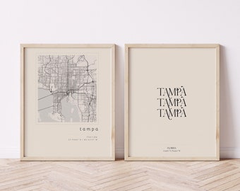 Zestaw 2 wydruków Tampa, Mapa Tampa, Sztuka ścienna do druku, Wydruk miasta, Wydruk typograficzny, Wydruk Tampa, Plakat Tampa, Sztuka ścienna Tampa, Kolor ziemi