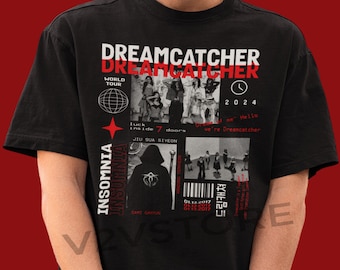 May include: Black t-shirt with a graphic design featuring the band Dreamcatcher. The design includes the band's name, the words "World Tour" and "Insomnia", and the dates "01.13.2017" and "01.12.2017".