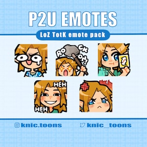 May include: A collection of P2U emotes featuring a character with blonde hair and blue eyes. The emotes display various expressions, including surprise, anger, and joy. The text "P2U EMOTES" and "LoZ TotK emote pack" are displayed at the top.