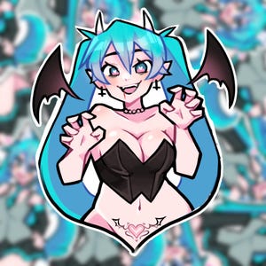 May include: A sticker depicting a cartoon female character with blue hair, black bat wings, and fangs. She is wearing a black top and has a heart tattoo. The sticker has a white border and a blue background.