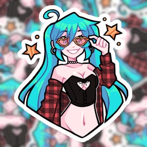 May include: A sticker featuring a cartoon character with blue hair wearing a red and black plaid shirt, a black corset with a heart-shaped cutout, and heart-shaped sunglasses. The character is smiling and holding the sunglasses with one hand. There are two gold stars in the background.