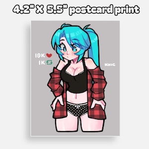 May include: A digital illustration of a cartoon character with blue hair, wearing a red and black plaid shirt over a black tank top and black and white polka dot underwear. The character has a light pink skin tone and blue eyes. The background is gray with the text "10K", "1K", and "KNIC" in white.