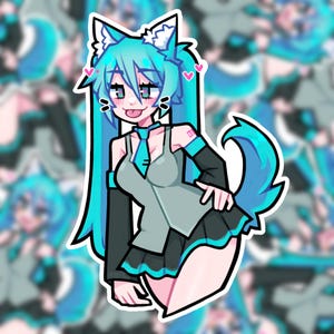 Puede incluir: Una pegatina con un personaje de dibujos animados con pelo azul y orejas de gato. El personaje lleva un vestido gris, mangas negras y una falda negra. También se ven corazones rosas y una cola azul.
