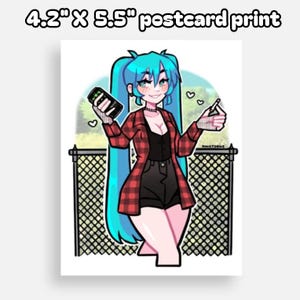 May include: A digital illustration of a cartoon character with long blue hair, wearing a red and black plaid shirt, black shorts, and black fishnet stockings. The character is holding a cell phone in one hand and a cigarette in the other. The background is a green and white chain link fence.