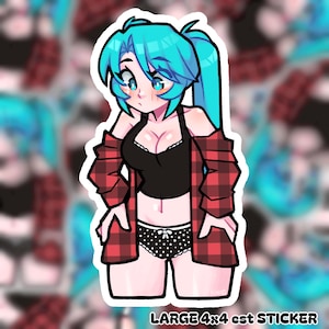 May include: A sticker featuring a cartoon character with blue hair, wearing a red and black plaid shirt over a black tank top and black and white polka dot underwear.