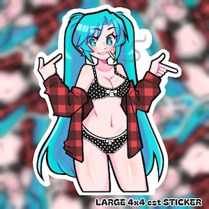 Könnte beinhalten: Ein Aufkleber mit einer Cartoon-Illustration einer Frau mit blauen Haaren, die ein rot-schwarzes Karohemd über einem schwarz-weißen Tupfen-BH und -Unterwäsche trägt. Die Frau lächelt und hat eine Zigarette im Mund. Der Aufkleber ist mit "LARGE 4x4 est STICKER" beschriftet.
