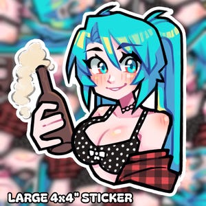 Puede incluir: Una pegatina con una mujer de dibujos animados con cabello azul, vistiendo un top de lunares negros y blancos y una camisa de cuadros rojos y negros. Ella sostiene una botella de cerveza con una cabeza espumosa. La pegatina mide 4x4 pulgadas.