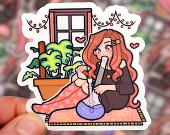 Cozy Sesh Spot sticker | hippie anime girl plant lover aesthetic | vinyl die-cut sticker