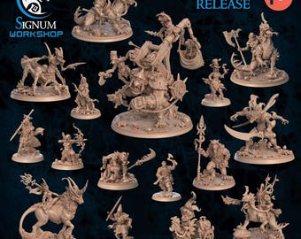 Puede incluir: Una colección de figuras en miniatura de fantasía de color marrón claro sin pintar que representan varias criaturas, guerreros y una máquina de asedio central. La imagen incluye el texto Signum Workshop y February Release con un logo naranja.