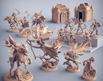 Puede incluir: Un conjunto de 14 figuras en miniatura sin pintar, que incluyen caballeros a caballo, un vampiro y una variedad de otros personajes de fantasía. Las miniaturas están hechas de plástico marrón claro y están listas para ser pintadas.