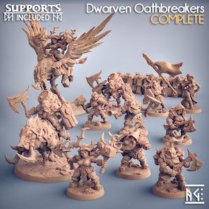 Peut inclure: Un ensemble de 10 figurines miniatures non peintes représentant des briseurs de serments nains, dont un nain monté sur un sanglier, un nain monté sur un griffon et un nain avec une hache de guerre. Les figurines sont en plastique brun clair et sont prêtes à être peintes.