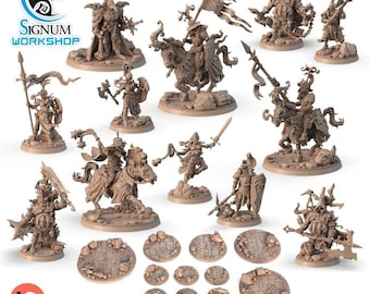 Puede incluir: Una colección de miniaturas de fantasía de resina marrón sin pintar de Signum Workshop, que incluye varios guerreros blindados, caballeros montados a caballo y figuras de infantería con armas, junto a varias bases circulares texturizadas.