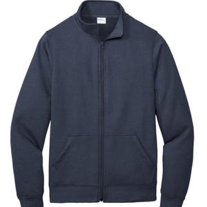 May include: Navy blue zip-up sweatshirt with a stand-up collar and two front pockets. The jacket has a full-length zipper and long sleeves. The sweatshirt is made of a soft, comfortable material.