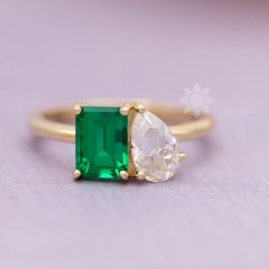 Toi Et Moi Ring: Emerald & Pear CZ Diamond Sterling Silver