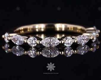 Marquise & Round Lab-Grown Diamond Wedding Band, 14K Yellow Gold Eternity Stackable Ring