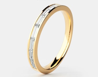 Baguette Cut CZ Diamond Half Eternity Ring: 14K Rose Gold Minimalist Band