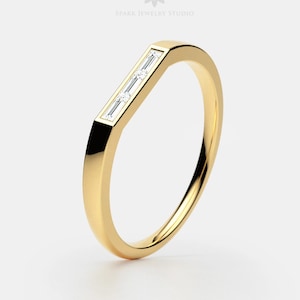 Three Stone Baguette Cut Dainty Gold Wedding Band Baguette Cut Stone Sterling Silver Minimalist Bridal Ring Triple Stone Wedding Band