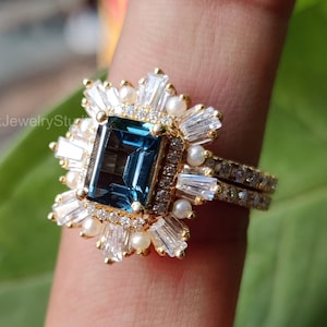 Starburst Halo Emerald CUT London Blue Topaz Cocktail Ring For Her in 14K Solid Yellow Gold With Double Band