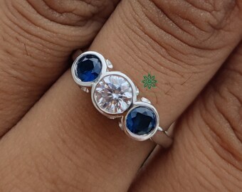 Brilliant Round And Blue Sapphire Engagement Ring, Vintage Three Stone Wedding Ring, Art Deco Solid Gold Filigree Inspired Ring For Women.