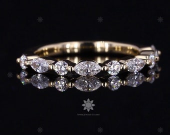 14k Gold Half Eternity Band: Marquise & Round Lab Diamond Stacking Ring